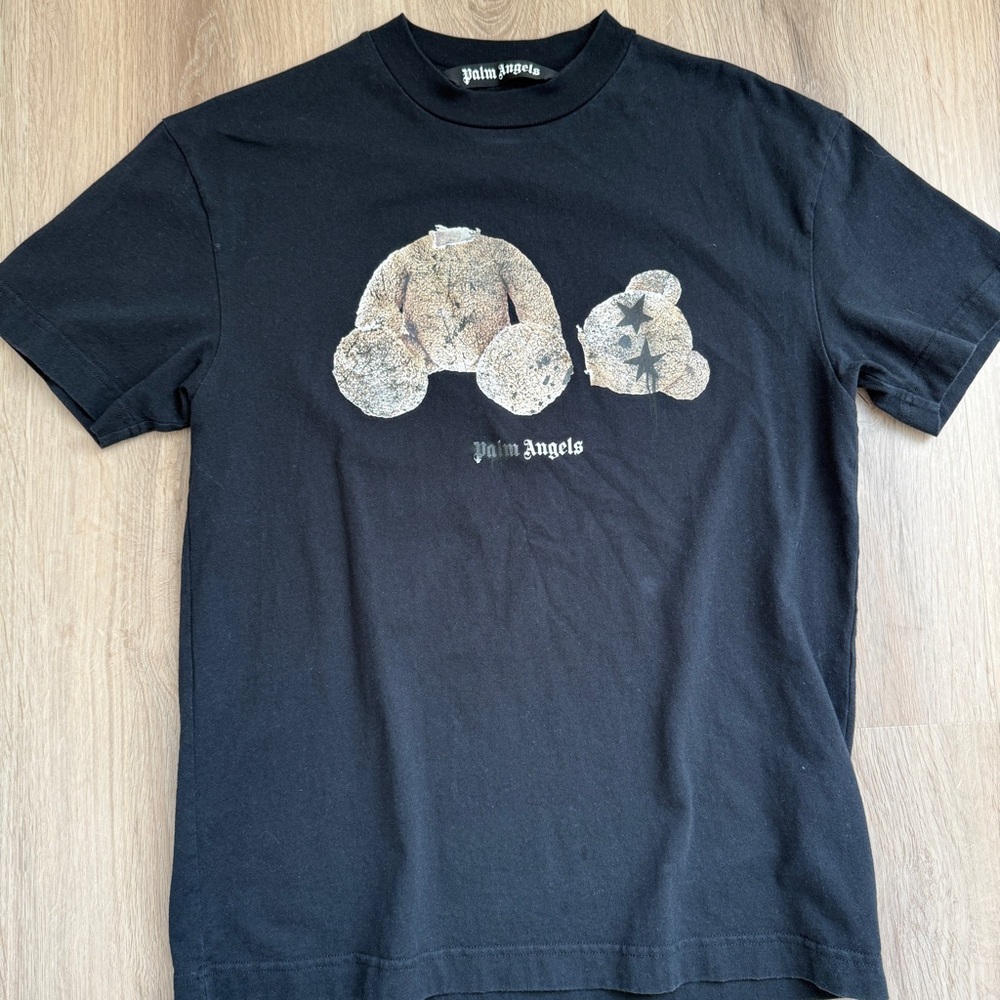 Palm Angels Black T-Shirt with Tan Bear Design